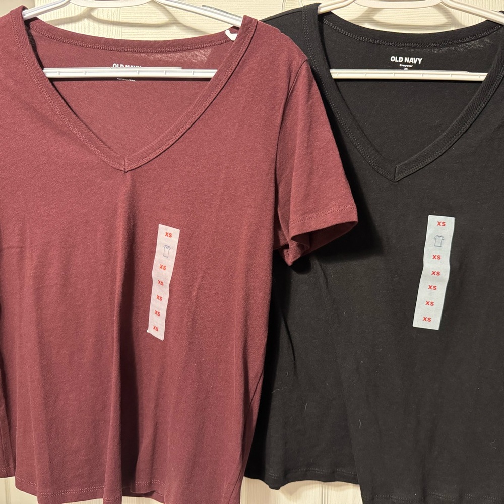 (2) Old Navy Maroon & Black V Neck Tee. Sz XS. Roomie. NWT